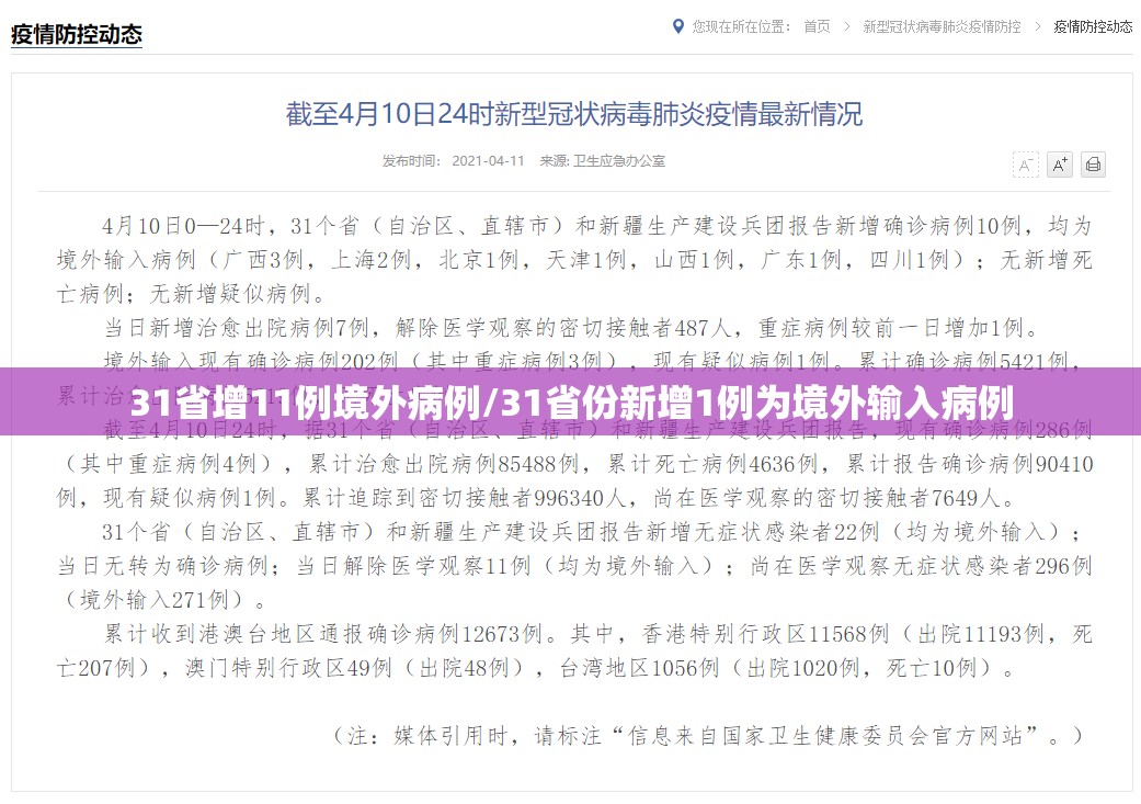 31省增11例境外病例/31省份新增1例为境外输入病例