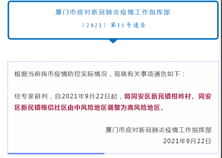厦门两地调整为高风险地区/厦门两地调整为高风险地区了吗